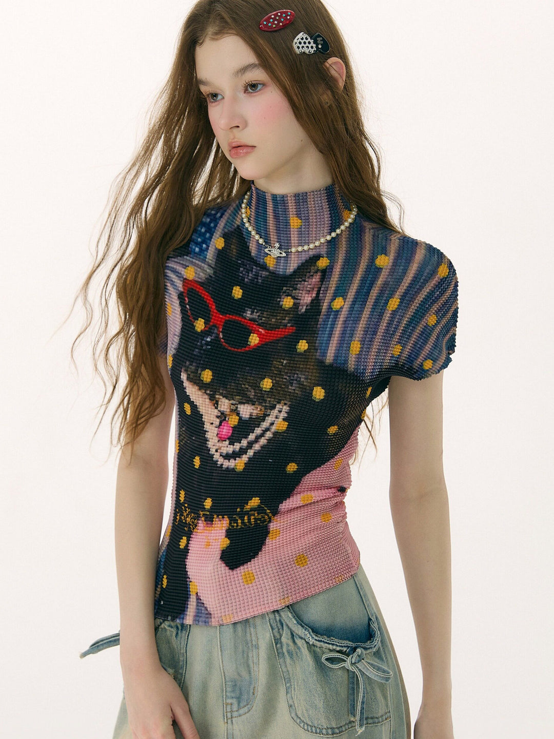 Y2K Cat Graphic Pleated T-Shirt