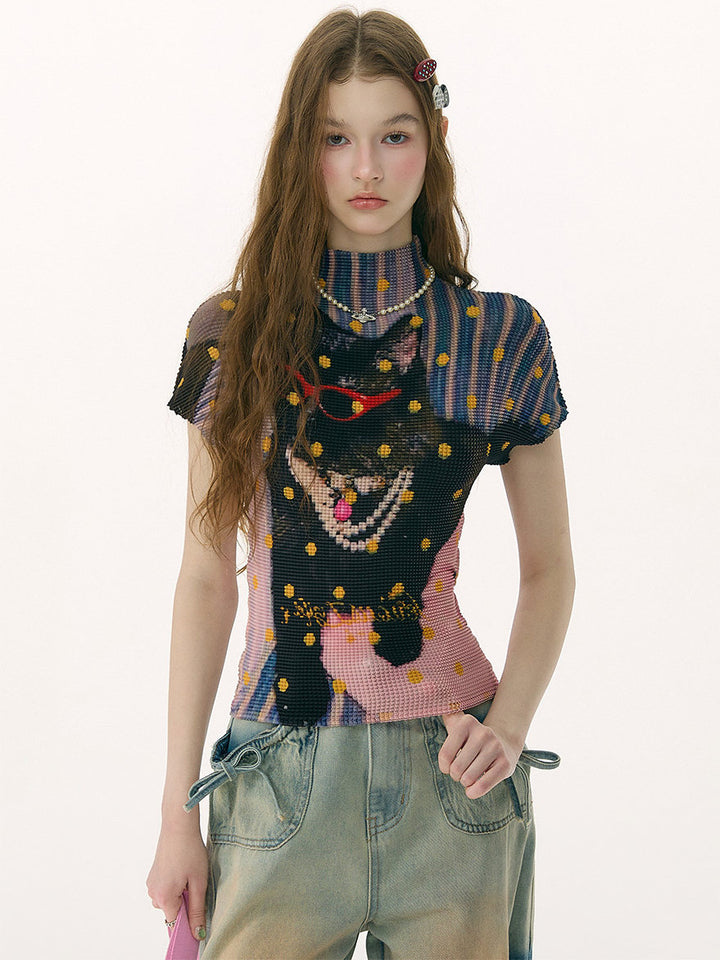 Y2K Cat Graphic Pleated T-Shirt