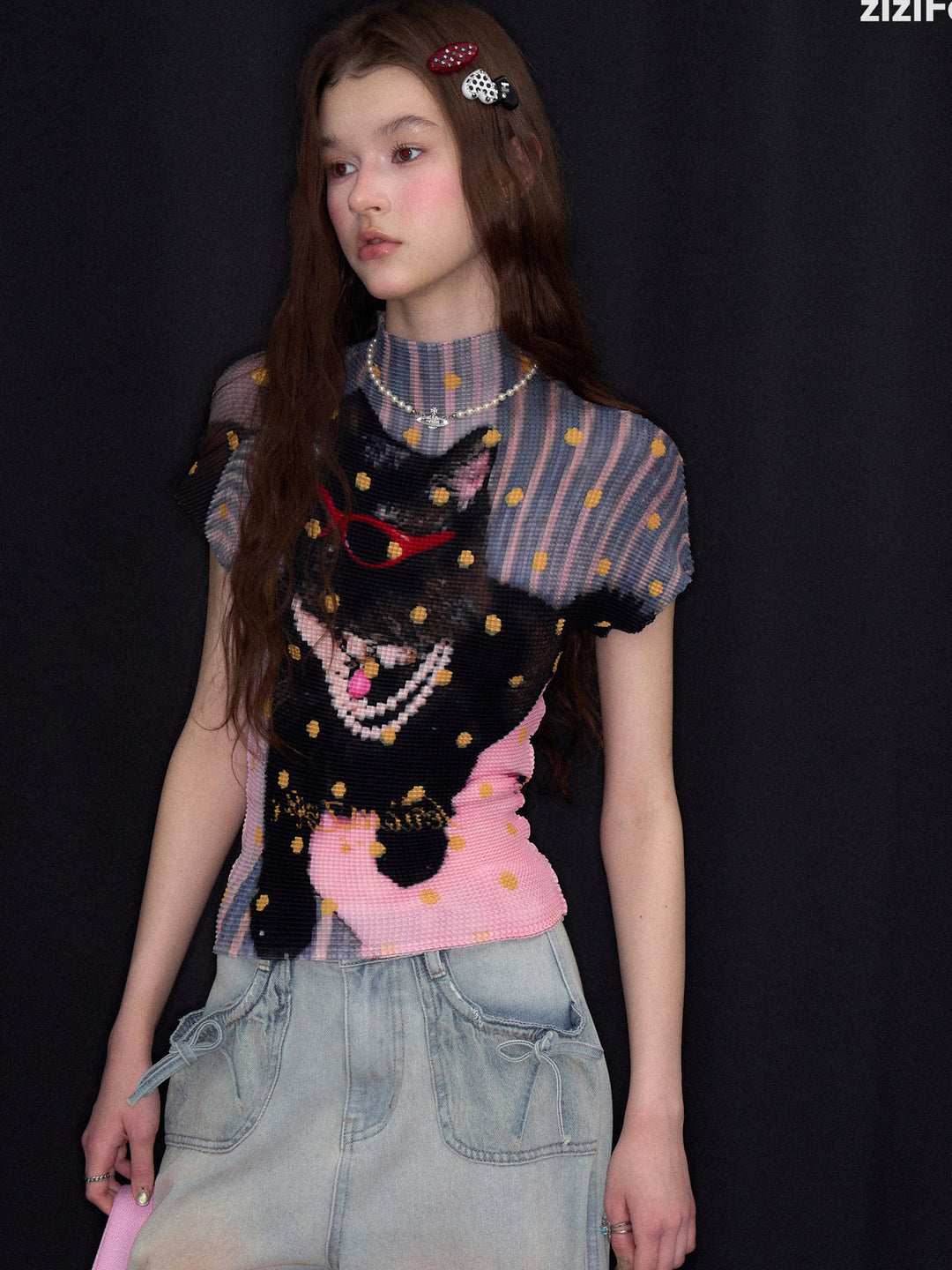 Y2K Cat Graphic Pleated T-Shirt