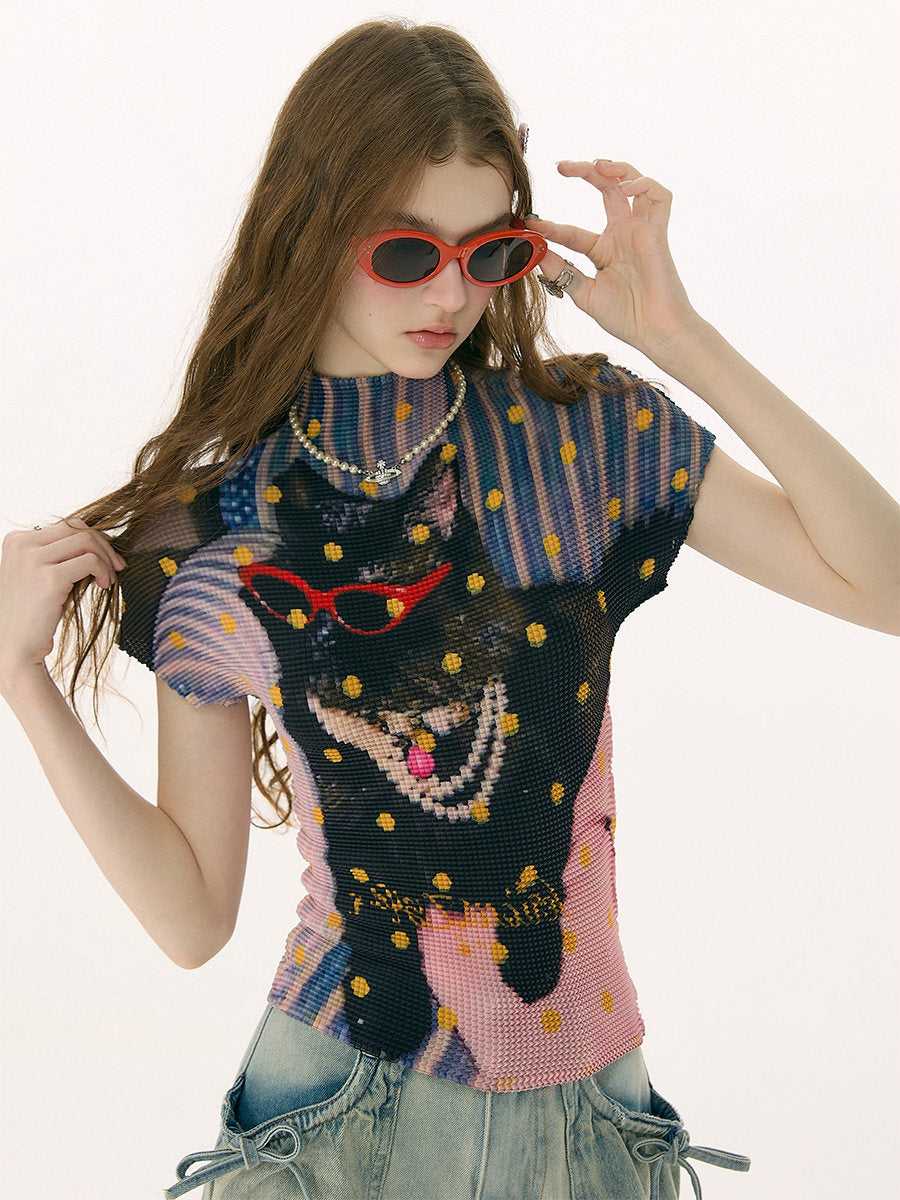 Y2K Cat Graphic Pleated T-Shirt