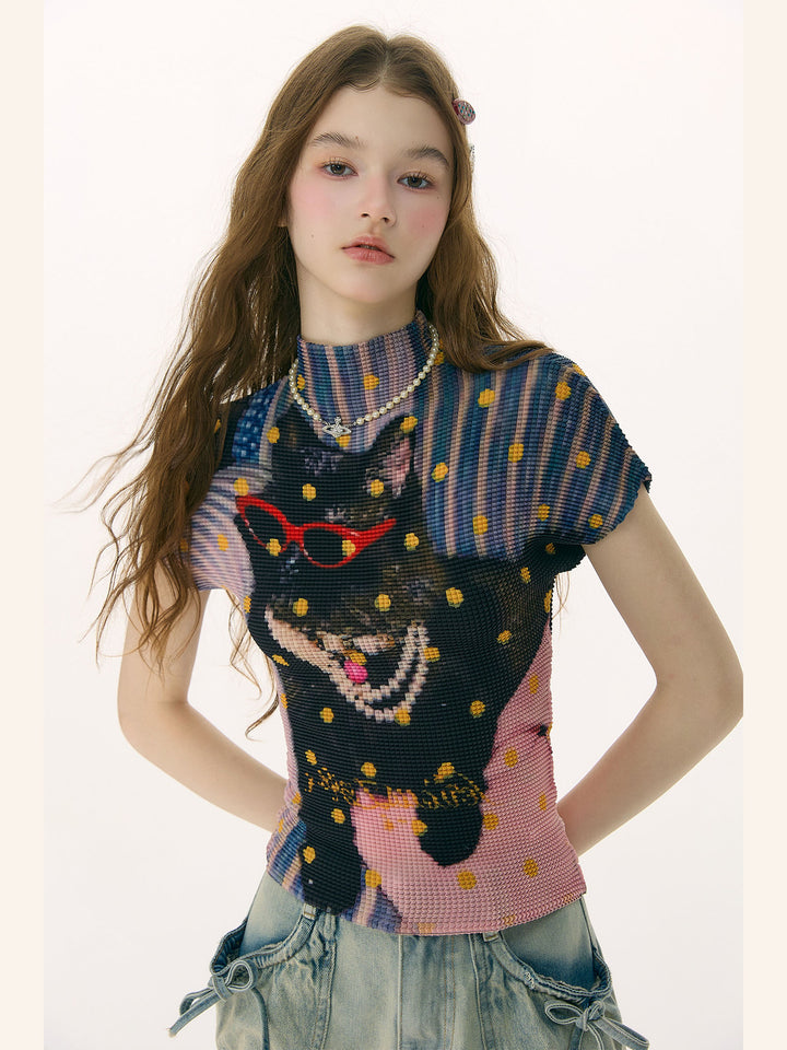 Y2K Cat Graphic Pleated T-Shirt