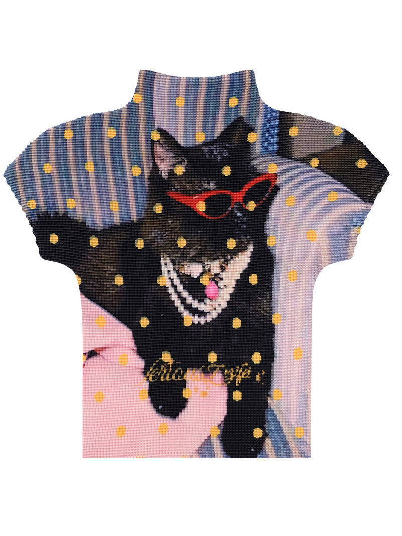 Y2K Cat Graphic Pleated T-Shirt