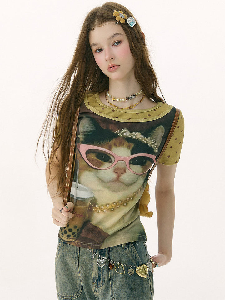 Bubble Tea Cat Graphic T-Shirt