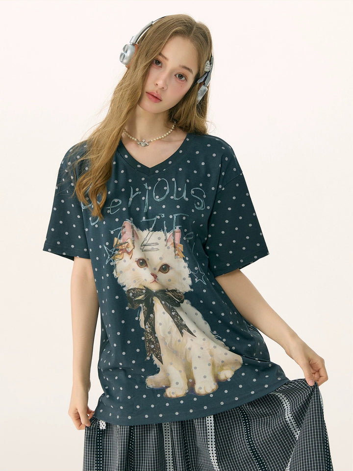 Polka Dot Cat Graphic V-Neck T-Shirt