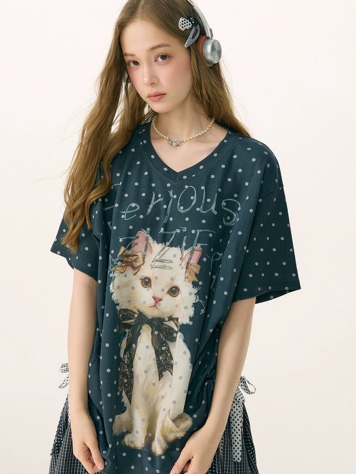 Polka Dot Cat Graphic V-Neck T-Shirt