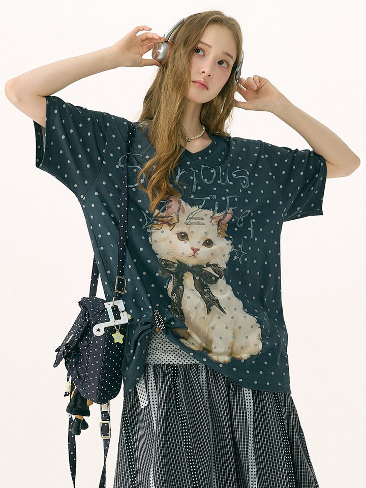 Polka Dot Cat Graphic V-Neck T-Shirt