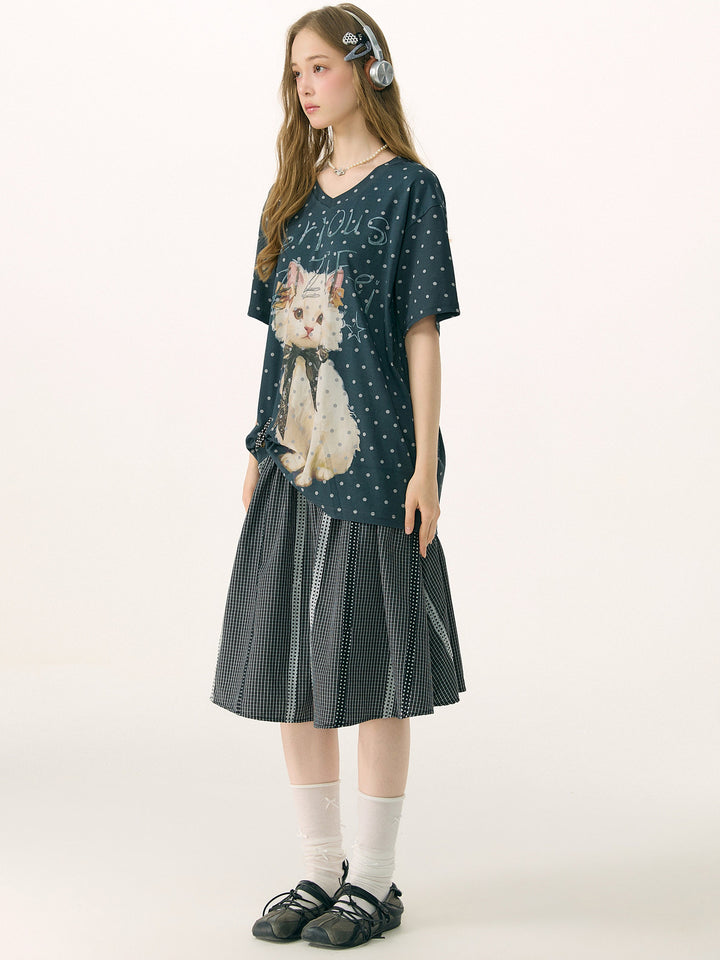 Polka Dot Cat Graphic V-Neck T-Shirt