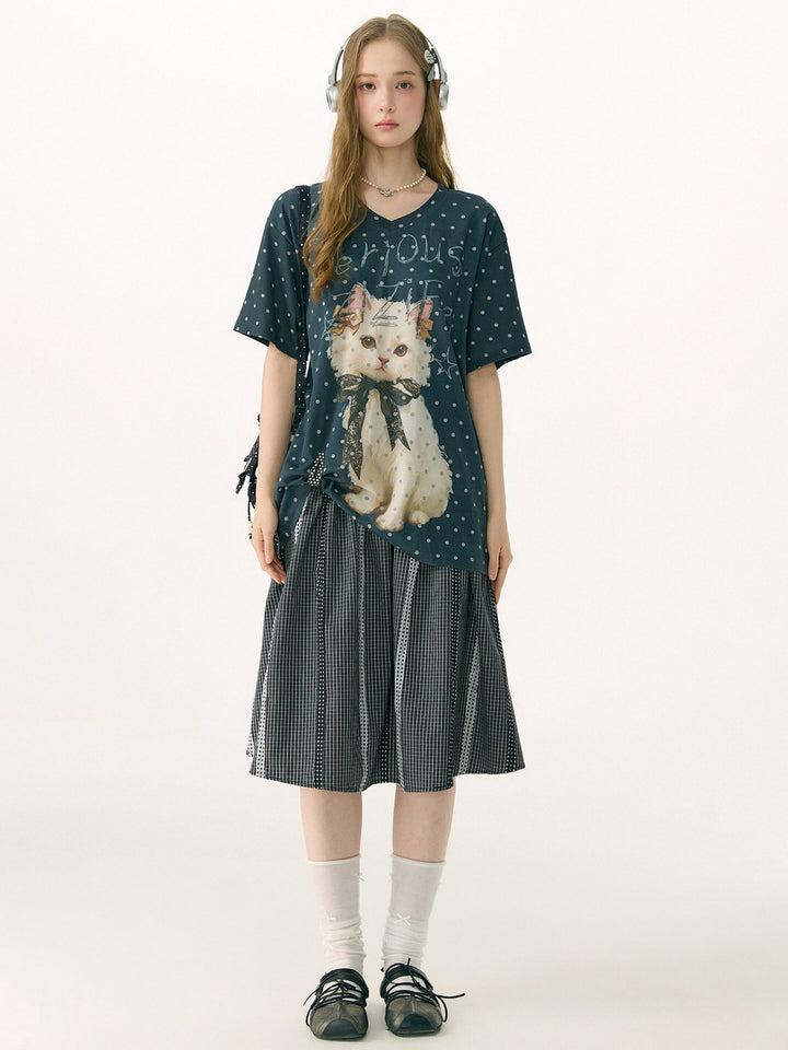 Polka Dot Cat Graphic V-Neck T-Shirt