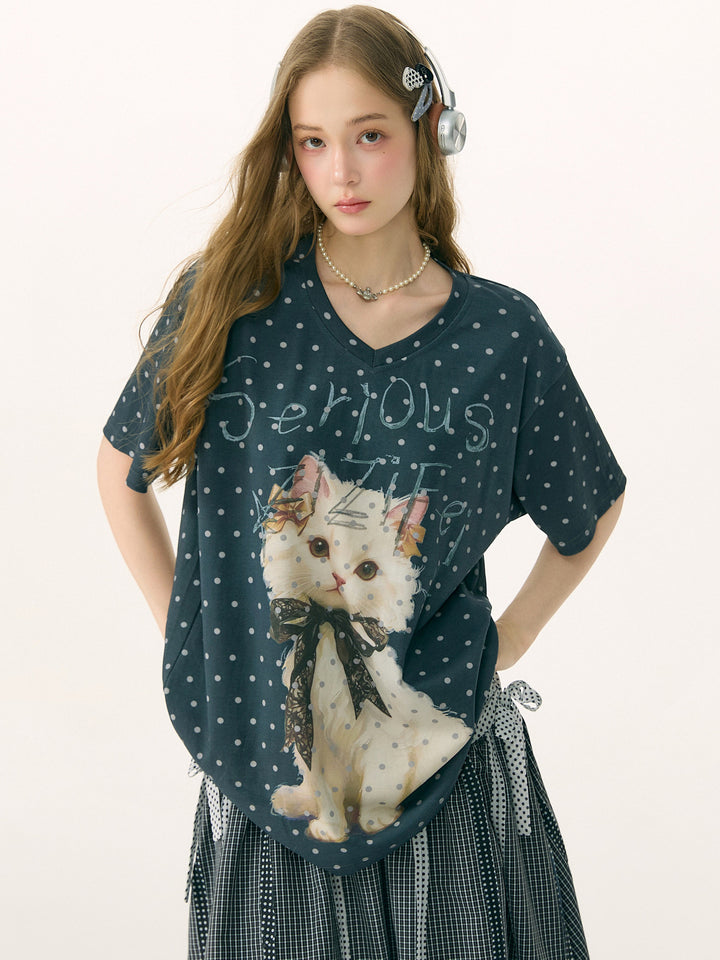 Polka Dot Cat Graphic V-Neck T-Shirt