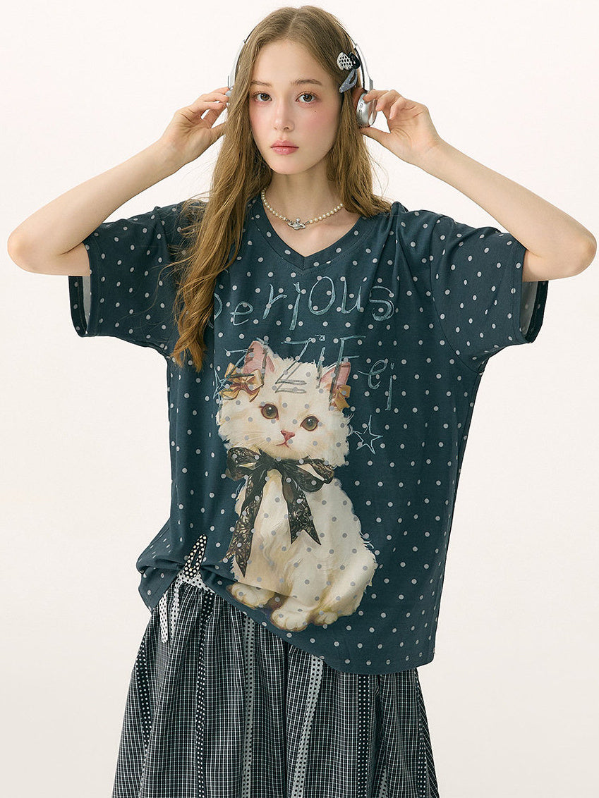 Polka Dot Cat Graphic V-Neck T-Shirt