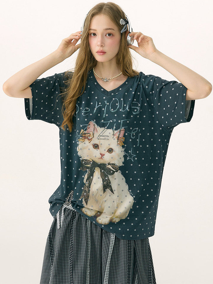Polka Dot Cat Graphic V-Neck T-Shirt