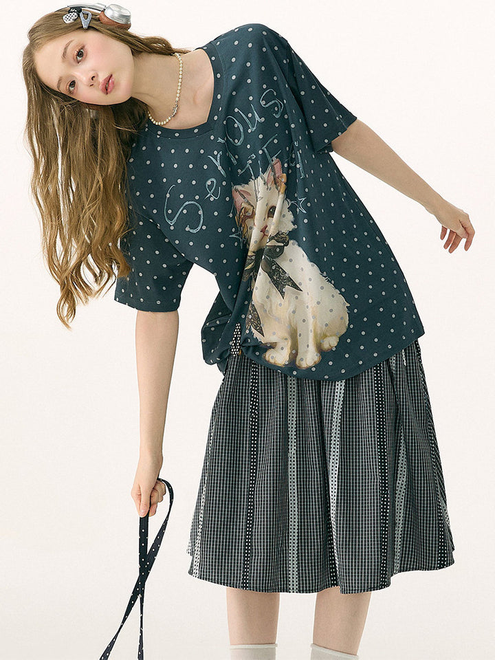 Polka Dot Cat Graphic V-Neck T-Shirt