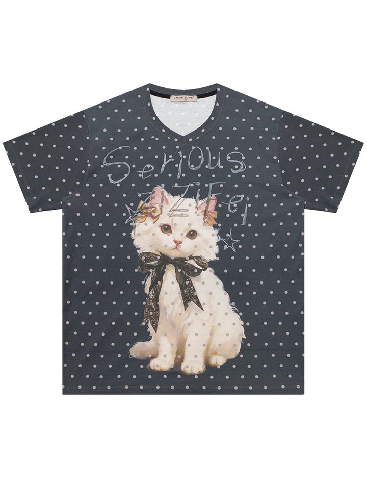 Polka Dot Cat Graphic V-Neck T-Shirt