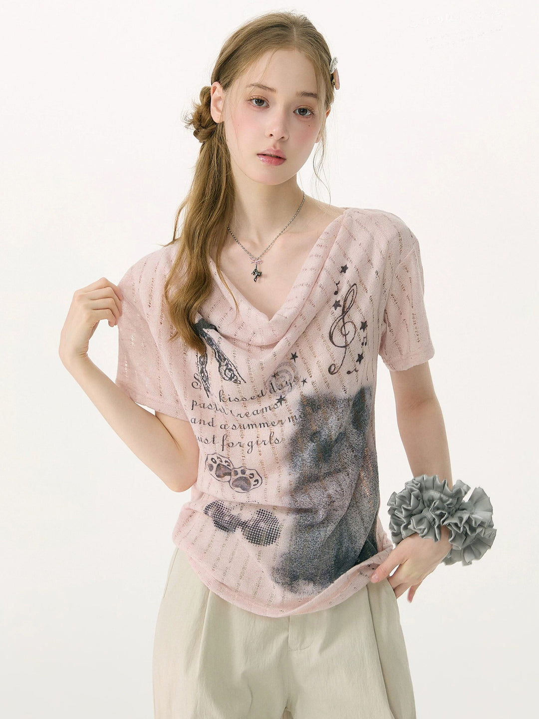 Y2K Cat Graphic Cowl Neck T-Shirt