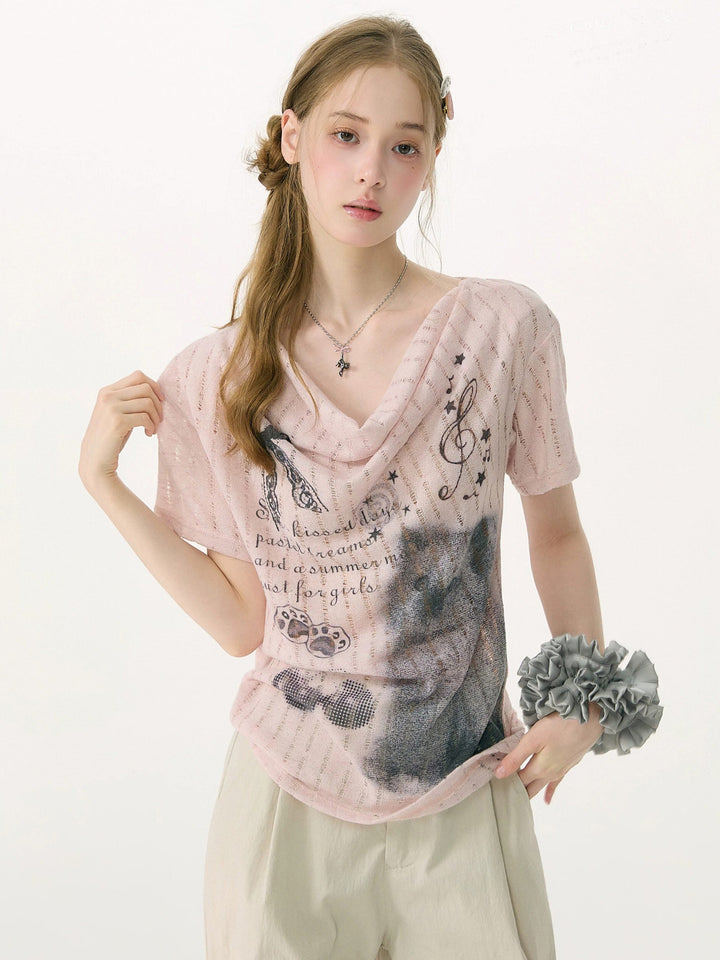 Y2K Cat Graphic Cowl Neck T-Shirt