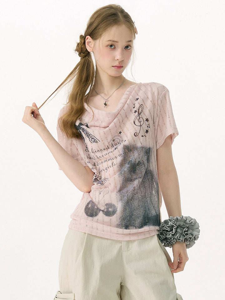 Y2K Cat Graphic Cowl Neck T-Shirt