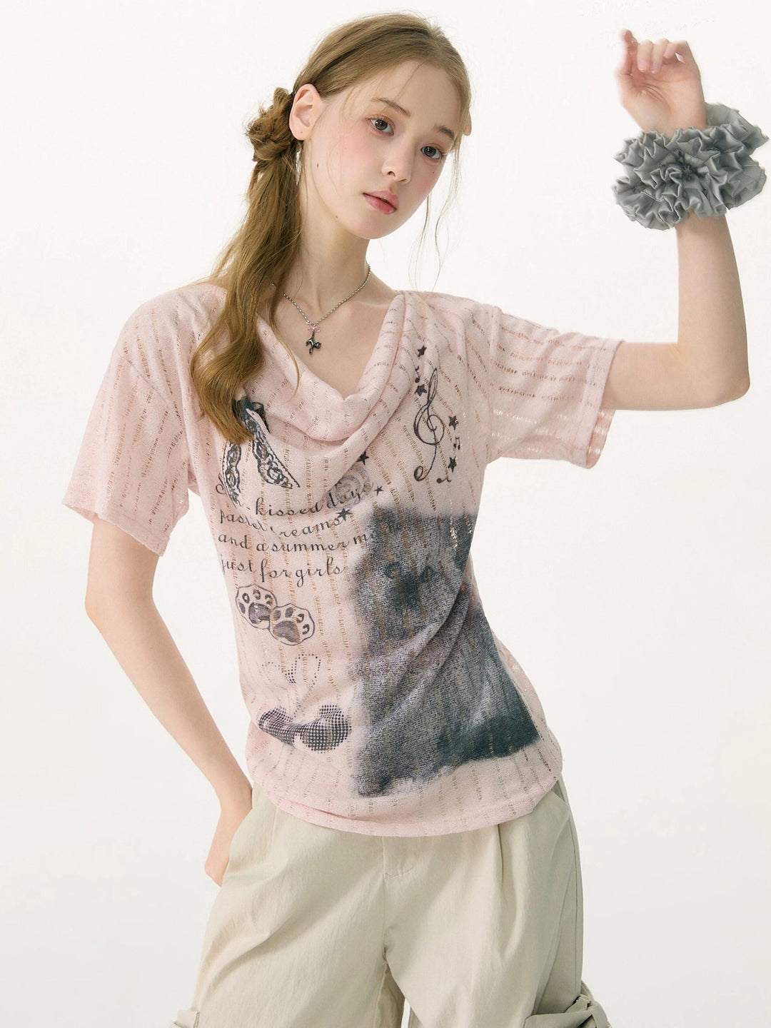 Y2K Cat Graphic Cowl Neck T-Shirt
