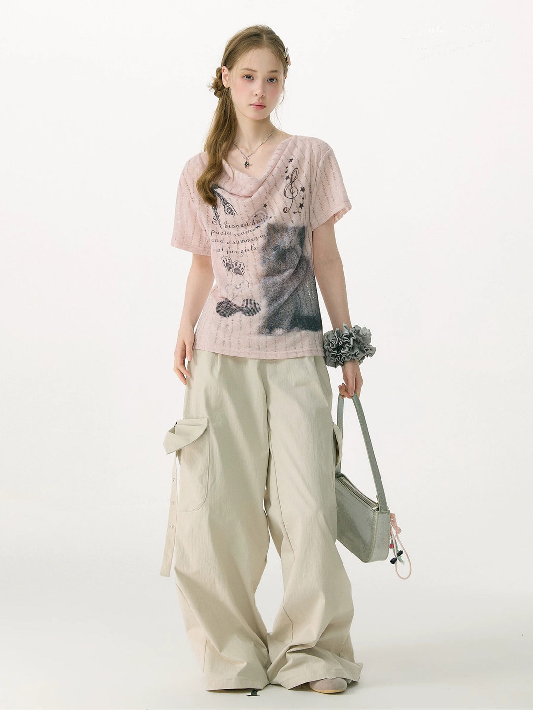 Y2K Cat Graphic Cowl Neck T-Shirt