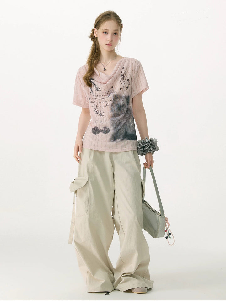 Y2K Cat Graphic Cowl Neck T-Shirt