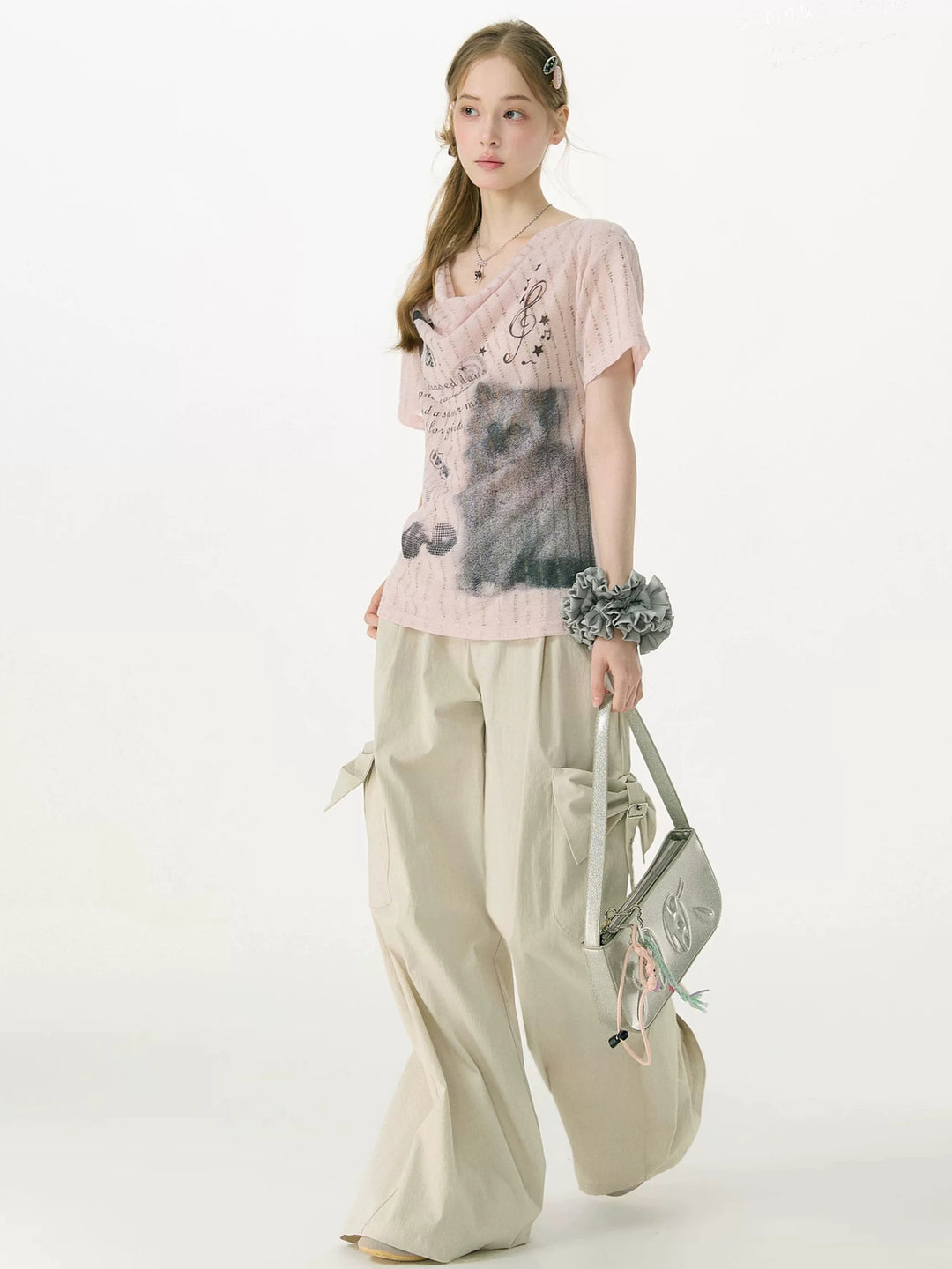 Y2K Cat Graphic Cowl Neck T-Shirt