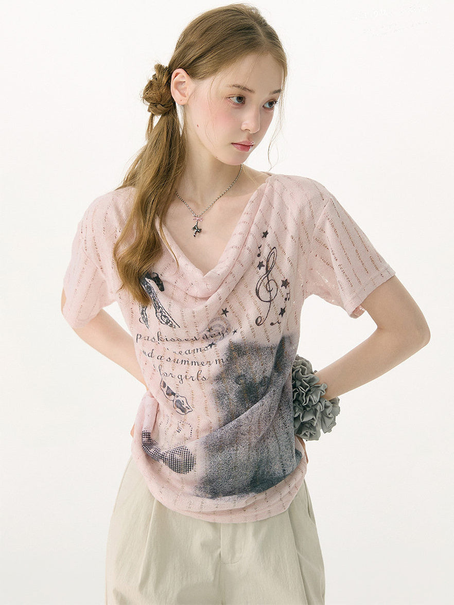 Y2K Cat Graphic Cowl Neck T-Shirt
