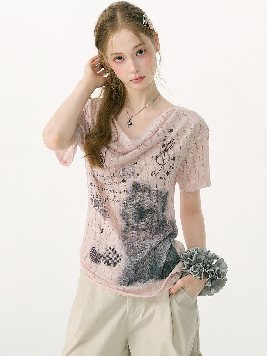 Y2K Cat Graphic Cowl Neck T-Shirt
