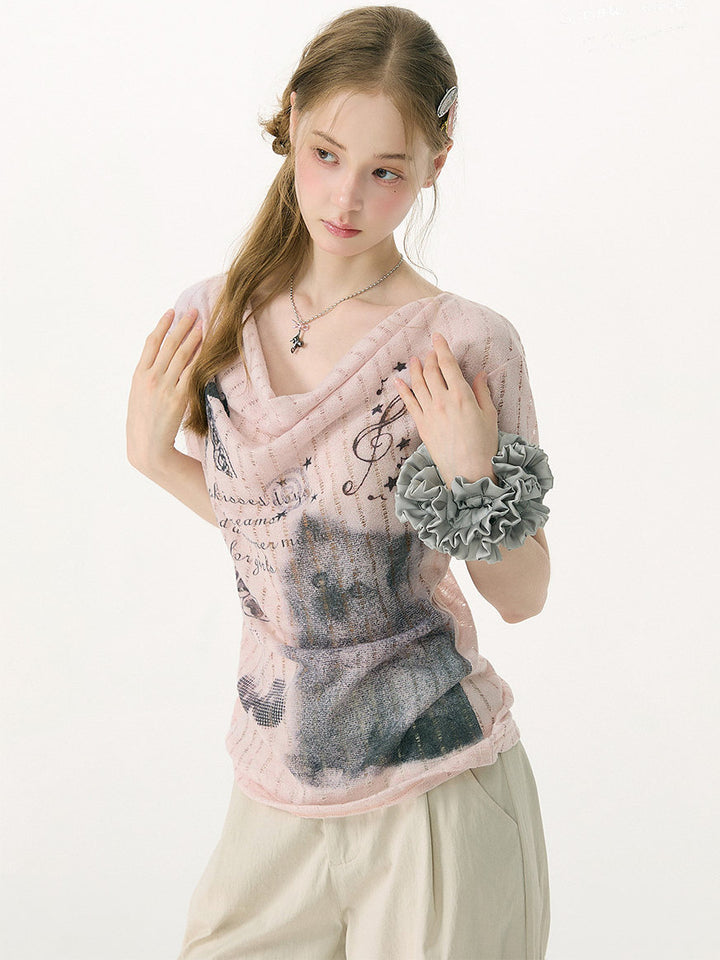 Y2K Cat Graphic Cowl Neck T-Shirt