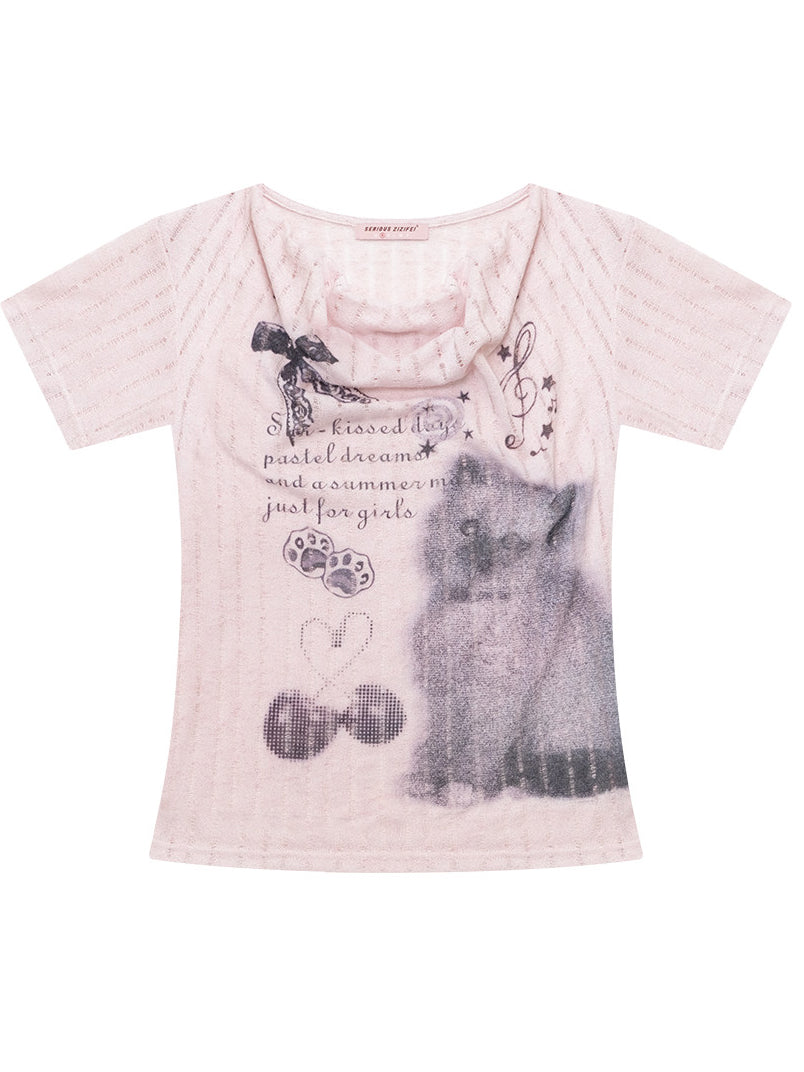 Y2K Cat Graphic Cowl Neck T-Shirt