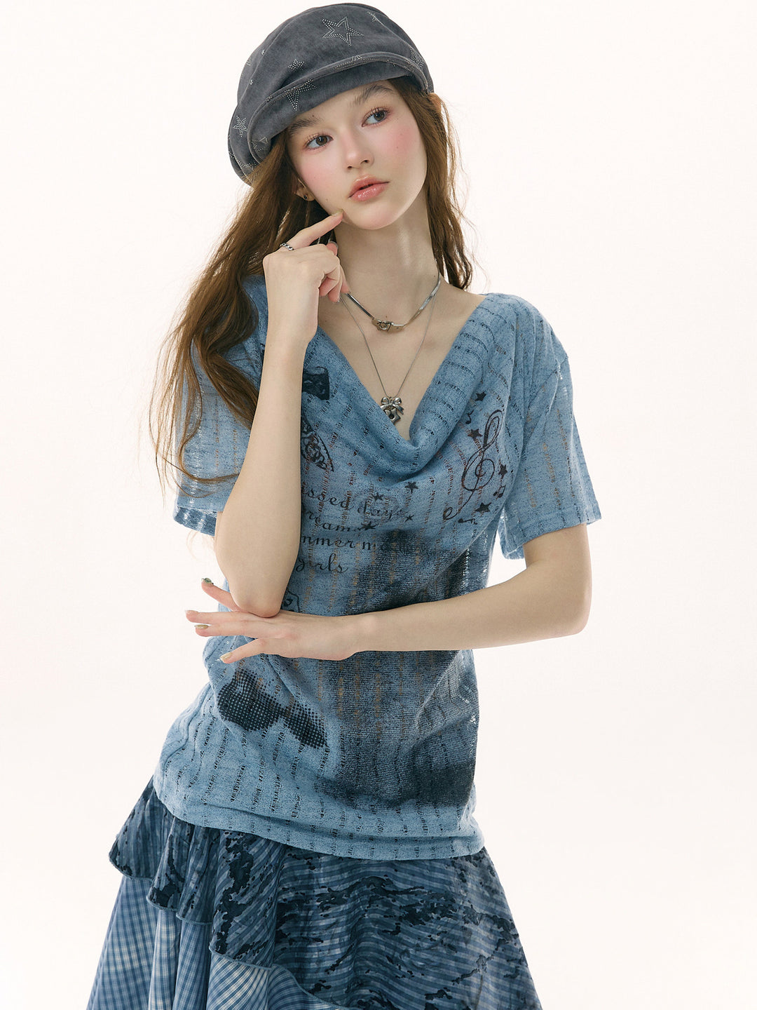 Cat and Music Note Print Cowl Neck T-Shirt