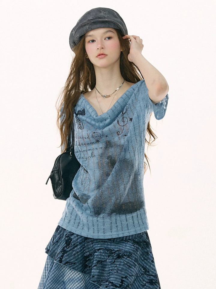 Cat and Music Note Print Cowl Neck T-Shirt