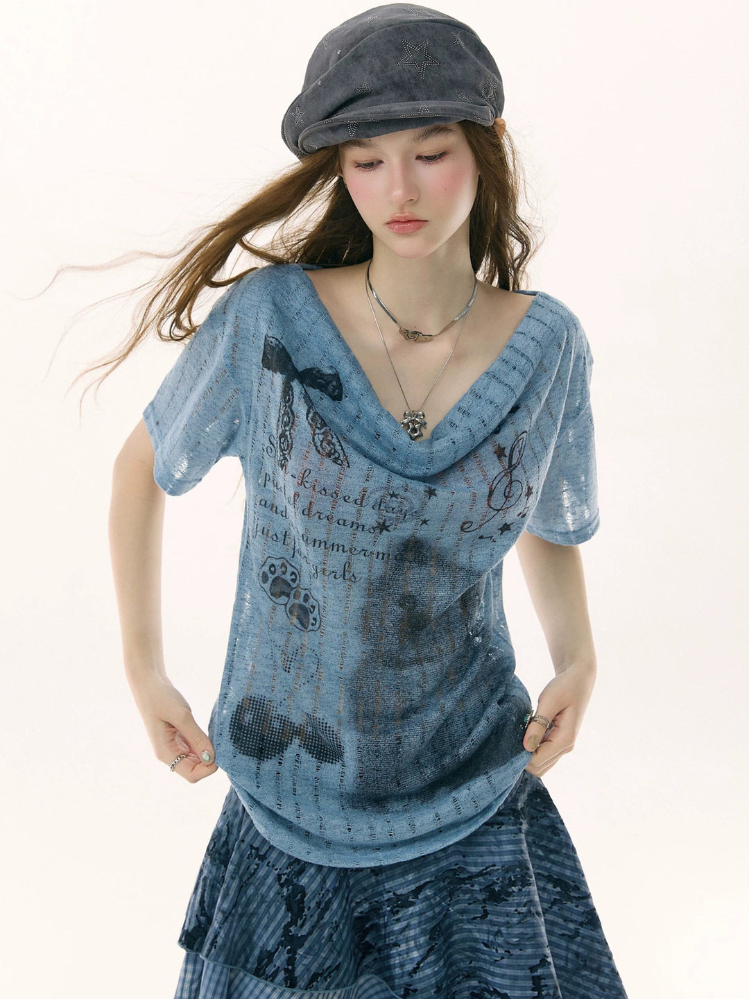 Cat and Music Note Print Cowl Neck T-Shirt