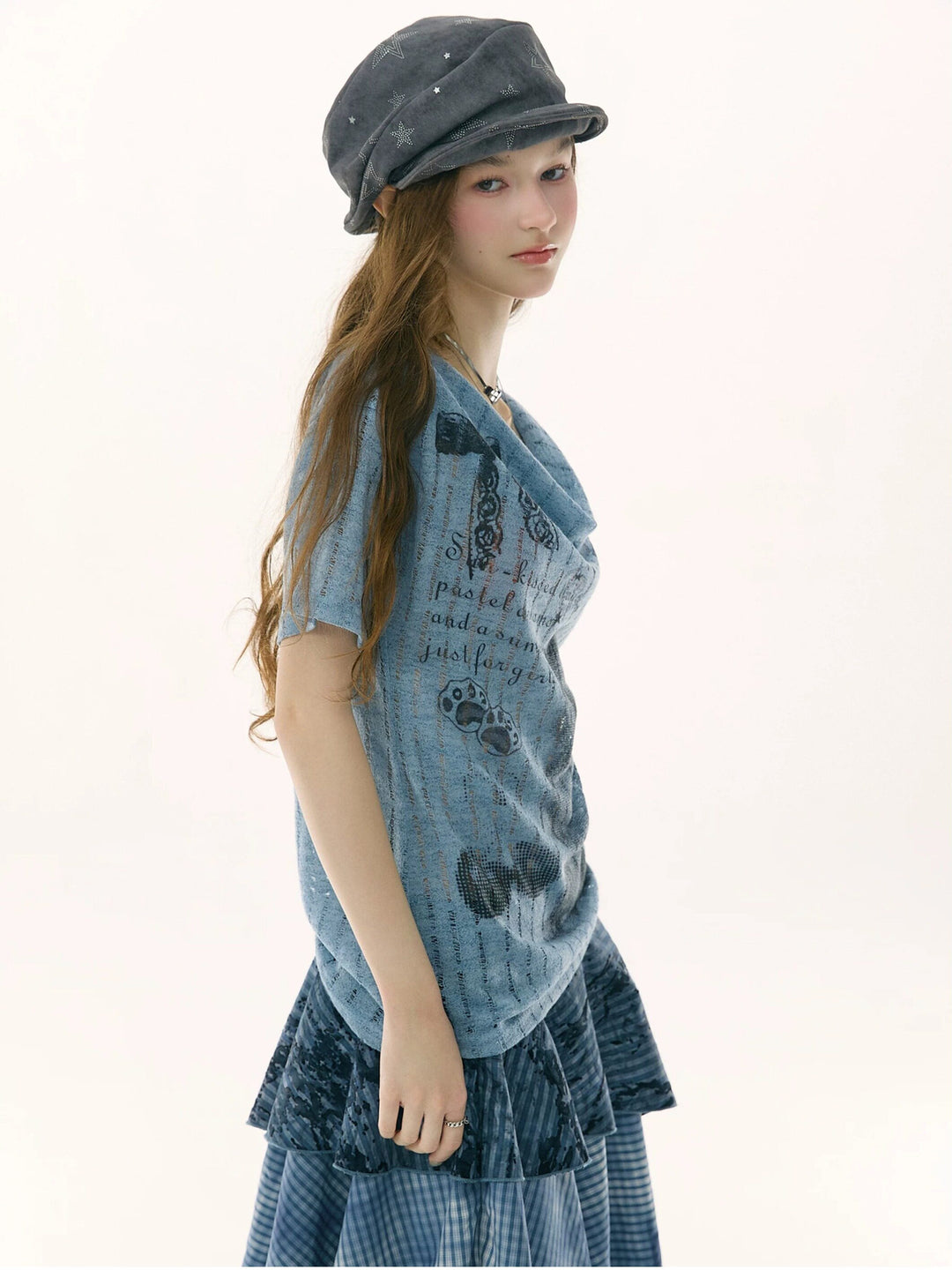 Cat and Music Note Print Cowl Neck T-Shirt
