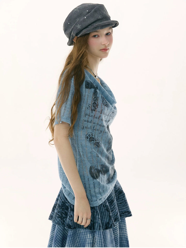 Cat and Music Note Print Cowl Neck T-Shirt