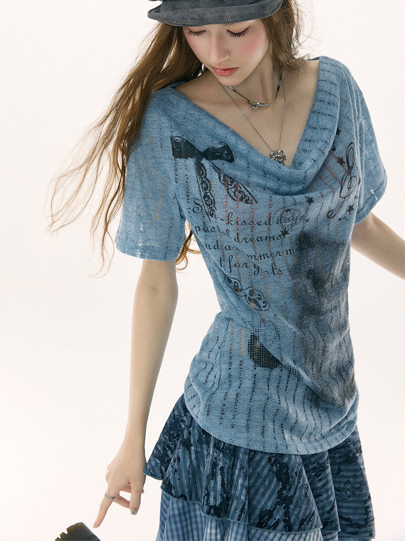 Cat and Music Note Print Cowl Neck T-Shirt