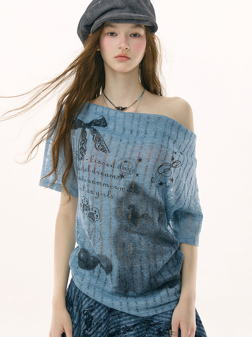 Cat and Music Note Print Cowl Neck T-Shirt