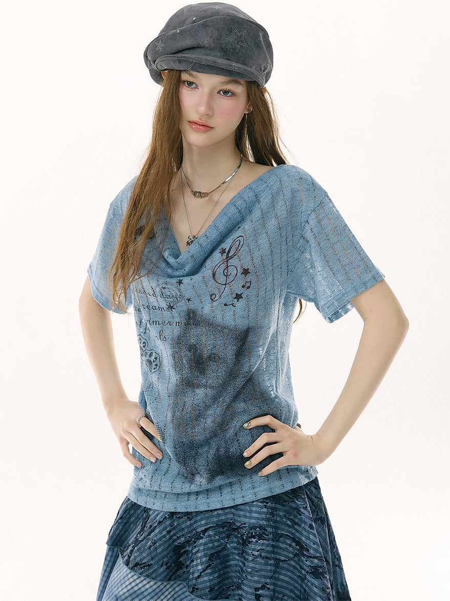 Cat and Music Note Print Cowl Neck T-Shirt