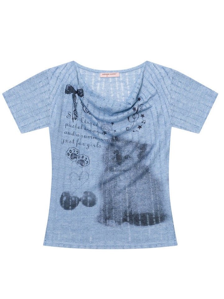 Cat and Music Note Print Cowl Neck T-Shirt