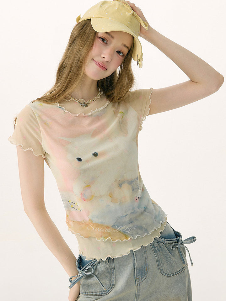 Pastel Cat Graphic Mesh T-Shirt