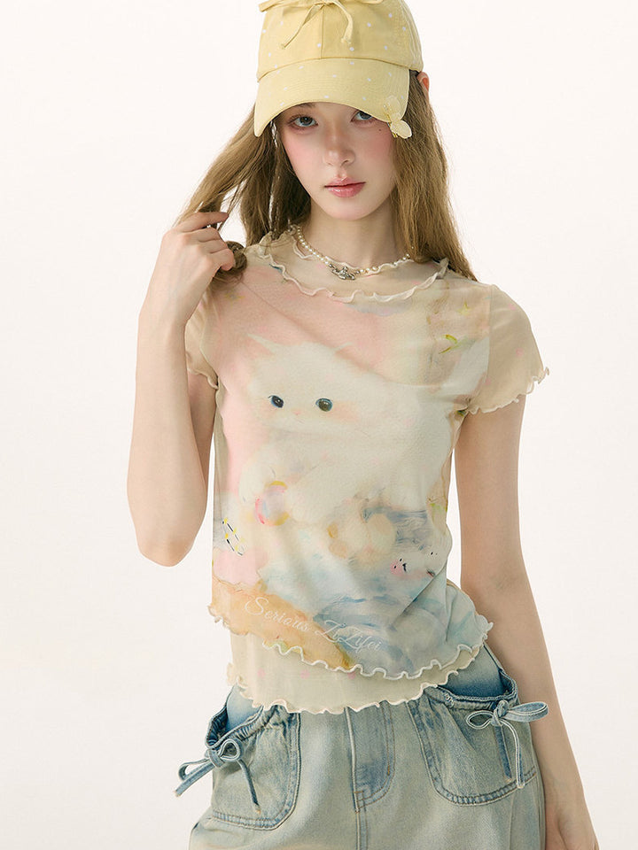 Pastel Cat Graphic Mesh T-Shirt