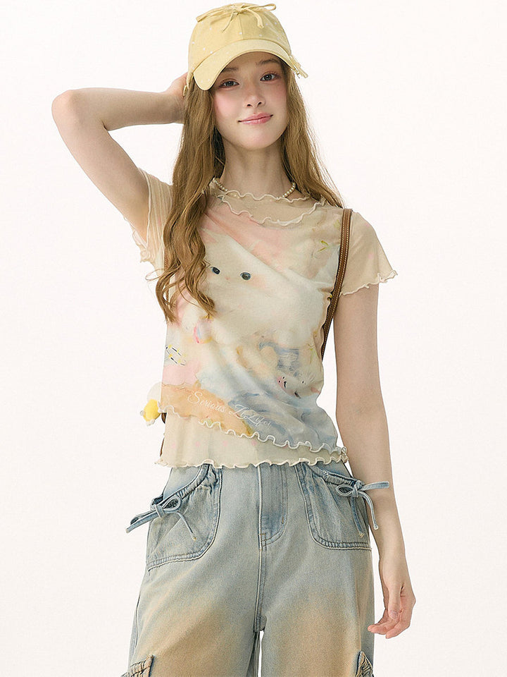 Pastel Cat Graphic Mesh T-Shirt