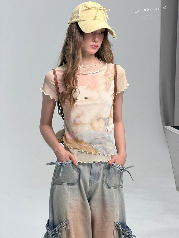 Pastel Cat Graphic Mesh T-Shirt