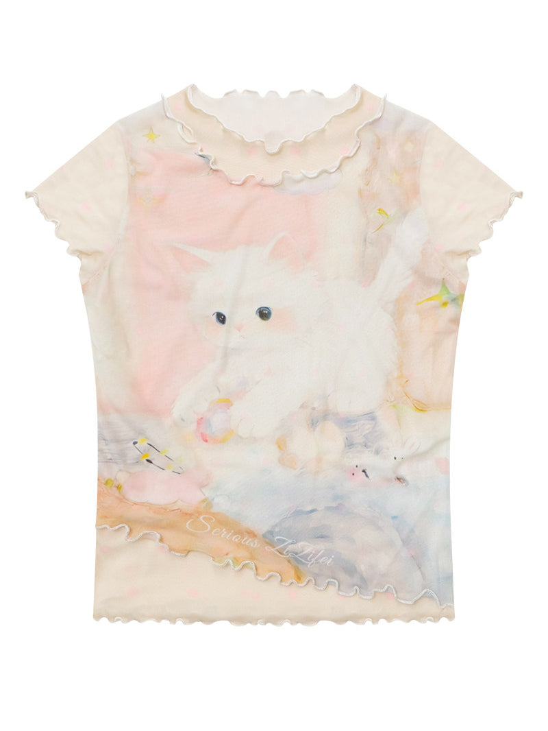 Pastel Cat Graphic Mesh T-Shirt