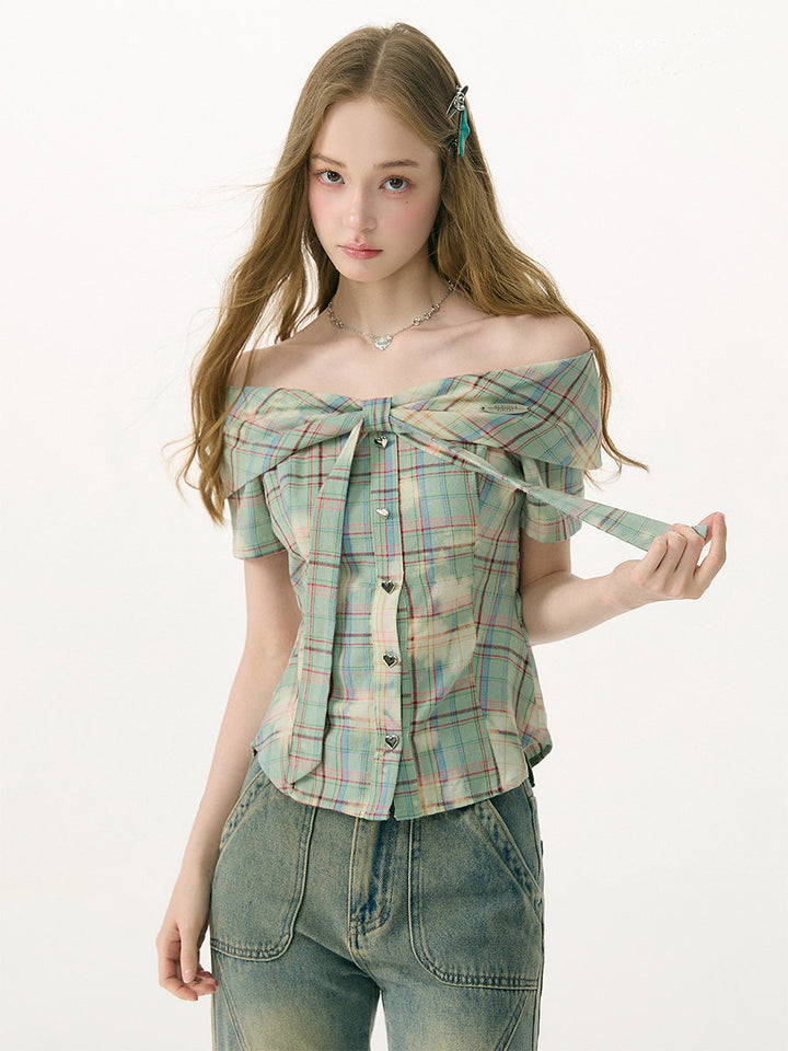 Plaid Heart-Button Off-Shoulder Blouse