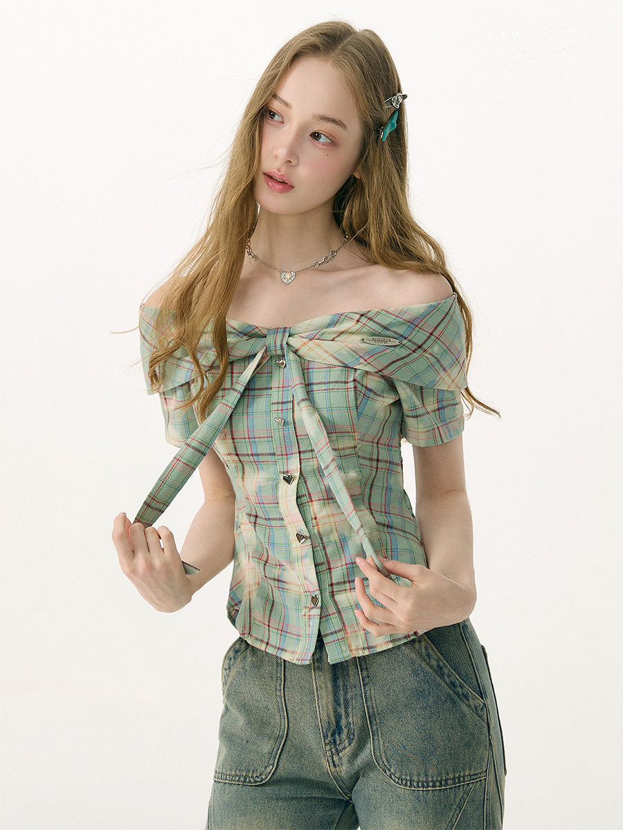 Plaid Heart-Button Off-Shoulder Blouse
