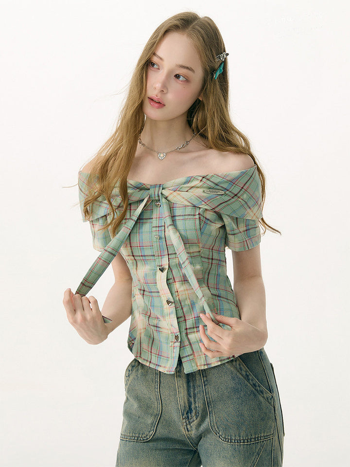 Plaid Heart-Button Off-Shoulder Blouse