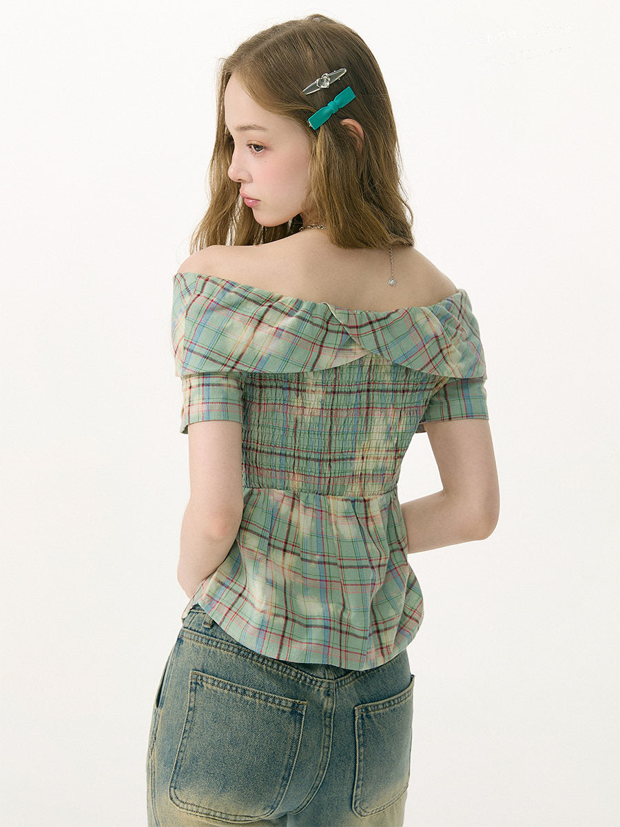 Plaid Heart-Button Off-Shoulder Blouse