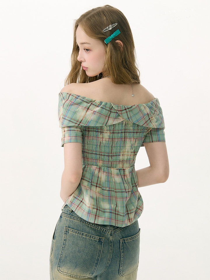 Plaid Heart-Button Off-Shoulder Blouse
