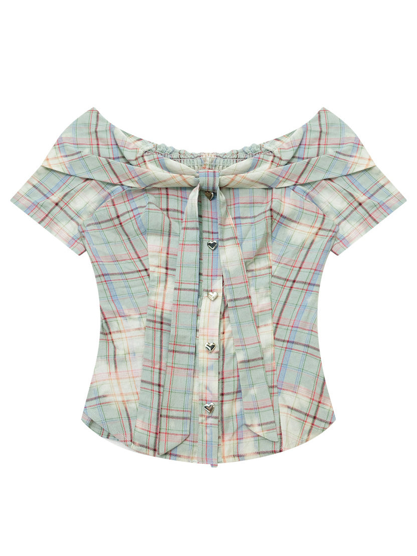 Plaid Heart-Button Off-Shoulder Blouse
