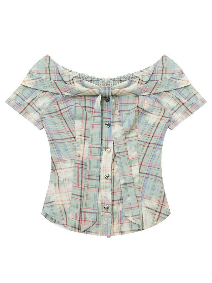 Plaid Heart-Button Off-Shoulder Blouse