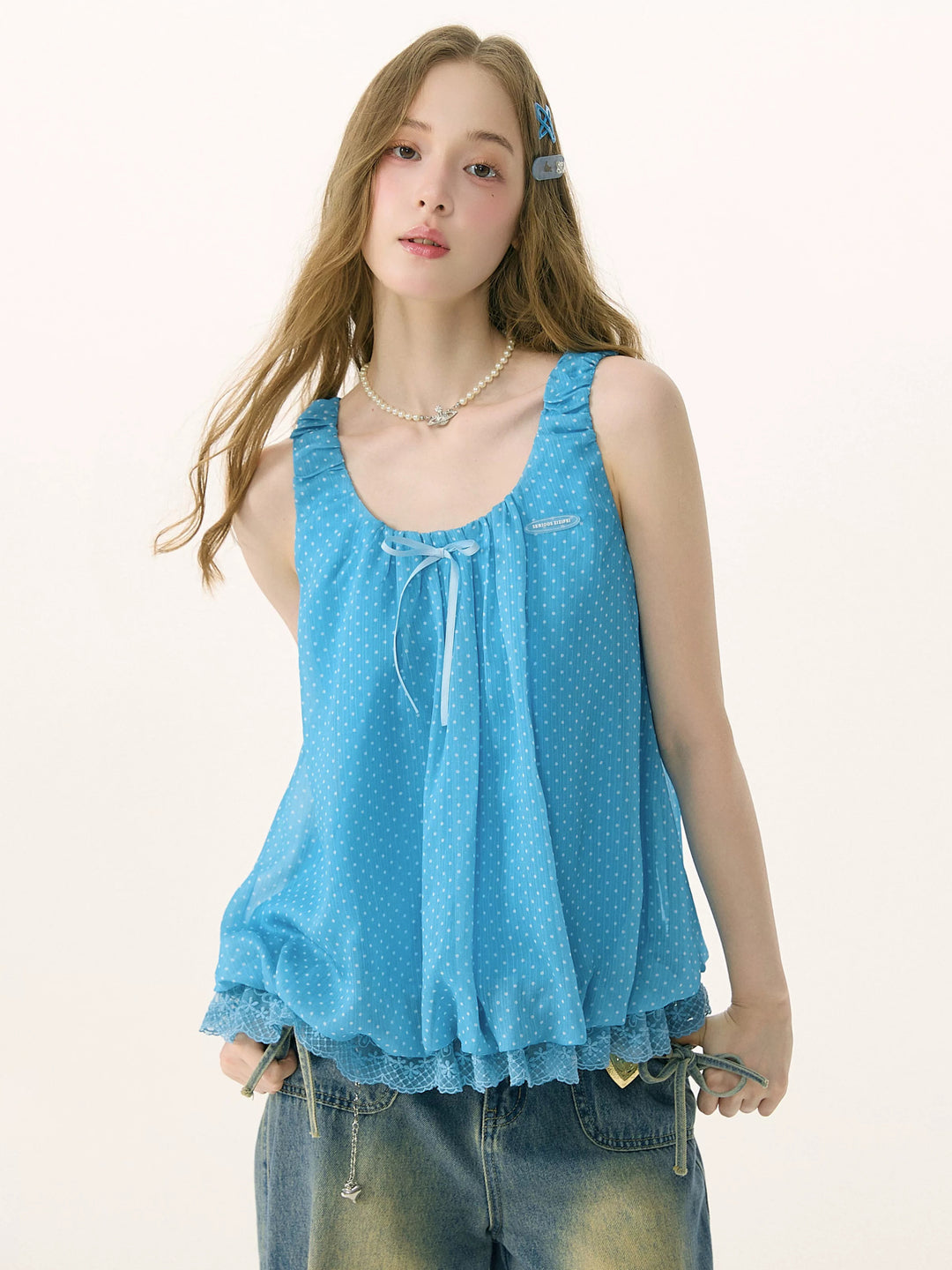 Blue Polka Dot Lace Tank Top